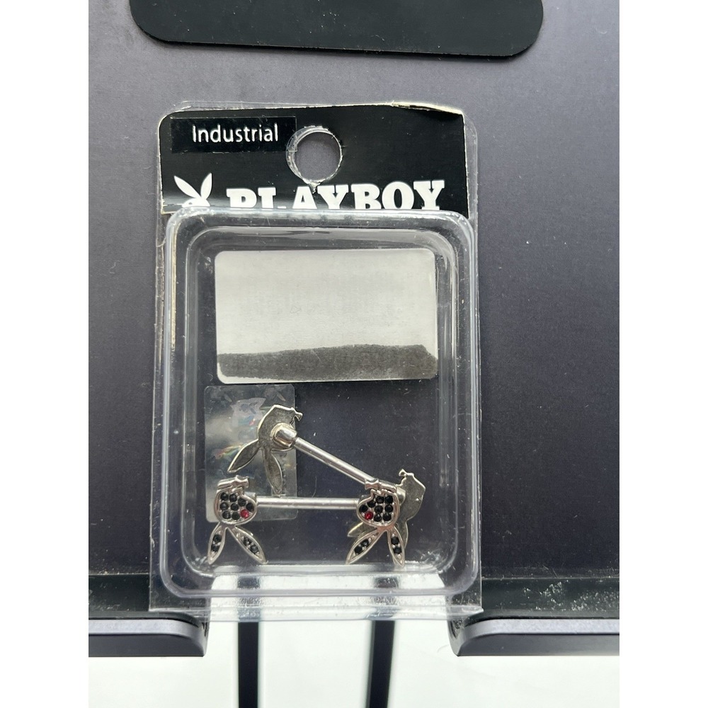 Playboy Bunny 14G Industrial Barbell Nipple Rings Black Red Rhinestone Pair